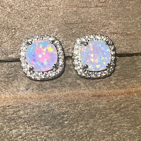 Simulated Fire Pink, Blue Opal, White Gold Plated, Cubic Zirconia Stud Earrings - Picture 5 of 12